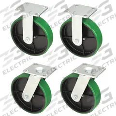 APPROVED VENDOR Plate Casters: Rigid/Swivel, No Brake, Polyurethane, 8 in Wheel Dia, Roller, 4 PK (MPN 5PKJ3). Key specifications — Wheel Bearing Type: Roller; Wheel/Tread Color: Green; Brand: APPROVED VENDOR; Caster Type: Rigid.