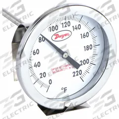 DWYER Clip On Dial Thermometer: 50°F to 330°F, +/- 2% Accuracy, 5 in Stem Lg, Fahrenheit (MPN CBT175061). Key specifications — Accuracy: +/- 2%; Brand: DWYER; Temperature Units: Fahrenheit.