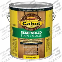CABOT Wood Stain: Wood Stain and Sealer, Exterior, Oil, 1 gal Container Size, Wood, Flat, New Cedar (MPN 140.0001416.007). Key specifications — Brand: CABOT; Transparency: Semi-Solid; Use Location: Exterior; Sheen: Flat; Sub-Brand: Semi-Solid Low VOC; Color: New Cedar.