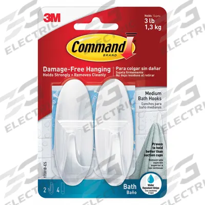 COMMAND Hook: 3 lb Wt Capacity, 1 Points per Hook, White, 3 5/32 in Overall Ht - Bath & Wet Location Adhesive-Backed Hooks