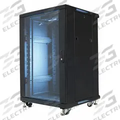 VIDEO MOUNT PRODUCTS Equipment Rack Enclosure: 18 Rack Units, 39 in x 23 5/8 in x 23 5/8 in, Steel (MPN EREN-18E). Key specifications — Brand: VIDEO MOUNT PRODUCTS; Includes: Casters; Material: Steel; Features_Broad: Tempered Glass Door; (2) Cooling Fans.