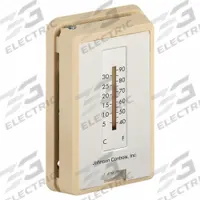 JOHNSON CONTROLS Pneumatic Thermostat: 55° to 85°F, 1 Pipe, Low Volume Pipes/Air Flow Output, Direct (MPN T-4100-1). Key specifications — Temperature Control Range: 55° to 85°F; Number of Pipes/Air Flow Output: 1 Pipe, Low Volume; Thermostat Action: Direct; Mounting Direction/Includes Cover: Vertical, Yes; Brand: JOHNSON CONTROLS.