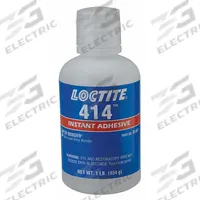 LOCTITE Instant Adhesive: 414, Plastics, 1 lb, Bottle, Clear, Thin Liquid, 50 g/L and Under (MPN 233803). Key specifications — Series: 414; Standards: CFIA; Primary Applications: Plastics; Materials Bonded: Rubber; Brand: LOCTITE; Secondary Compatible Materials: Rubber.