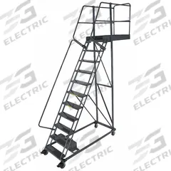 BALLYMORE Rolling Cantilever Ladder: 9.2 ft Platform Ht, Unassembled, Locking Casters, Steel (MPN CL-11-14-P). Key specifications — attr1051489: Gray; attr1051483: BALLYMORE; attr1051499: Double Handrails; attr1051504: Steel.