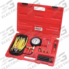 SUR&R Fuel Injection Pressure Tester Kit: Fuel Pressure Tester, 18 in Lg, 14 in Wd, 30 Pieces, Red (MPN FPT22). Key specifications — Includes: Shut-Off Valve Assembly; Tool Type: Fuel Pressure Tester; For Use With: Fuel Injection; Brand: SUR&R.