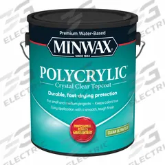 MINWAX Finish: Varnish, Interior, Water, 1 gal Container Size, Wood, Ultra-Flat, Clear, Clear (MPN 111110000). Key specifications — Brand: MINWAX; Transparency: Clear; Use Location: Interior; Sheen: Ultra-Flat; Sub-Brand: Polycrylic; Color: Clear; Resin Type: Polyurethane.