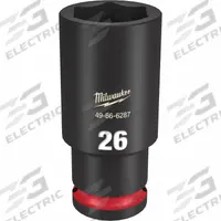 MILWAUKEE Deep Impact Socket: 1/2 in Drive Size, Metric, 26 mm Socket Size, 6-Point, Deep, Friction (MPN 49-66-6287). Key specifications — attr1215501: MILWAUKEE; attr1215515: Black Phosphate; attr1215518: 26 mm.