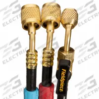 FIELDPIECE Hose Set: 5 ft Lg, 45° Angle, Black, Rubber, 3 Hoses, Ball Valve (MPN HR3CM). Key specifications — Brand: FIELDPIECE; Includes Valve: Yes.