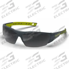 HEXARMOR Safety Glasses: Dark Gray Lens, Frameless, Anti-Fog/Hard Coat/Photochromic/TruShield® (MPN 11-14006-08). Key specifications — Brand: HEXARMOR; Frame Color: Charcoal/High-Visibility Yellow; Lens Color: Dark Gray; Lens Properties: Anti-Fog / Scratch-Resistant / Photochromic.