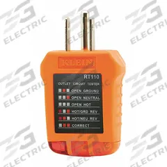 KLEIN TOOLS Receptacle Tester: 5-15P, Light, No Display (MPN RT110). Key specifications — Brand: KLEIN TOOLS.