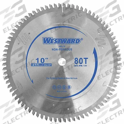 WESTWARD Circular Saw Blade: 10 in Blade Dia., 80 Teeth, 0.11 in Cut Wd, 5/8 in Arbor Size - Aluminum & Soft Metal-Cutting Blades