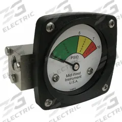 MIDWEST INSTRUMENT 3-Color Differential Pressure Indicator: 1,000 psig Max. Static Pressure, 522 (MPN 522S-010). Key specifications — Brand: MIDWEST INSTRUMENT; Accuracy: ±5% of Full Scale; Sensor Material: Buna-N; Housing Material: Stainless Steel; Transition Points: 0 psid to 5 psid (Green) / 5 psid to 7 psid (Yellow) / 7 psid to 10 psid (Red).
