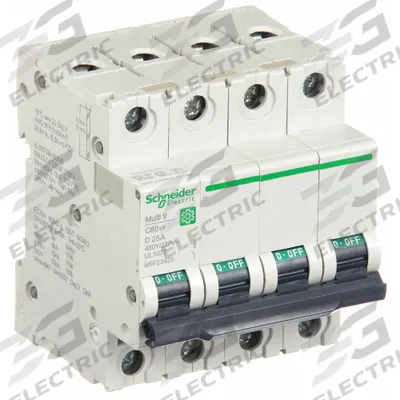 SCHNEIDER ELECTRIC IEC Supplementary Protector: 25 A Amps, 14kA at 240V AC, Screw Clamp - D-Curve, 4-Pole UL1077 DIN Rail-Mount Supplementary Protectors