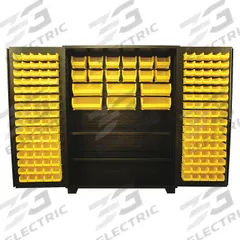 JAMCO Bin Cabinet: 60 in x 24 in 78 in, 2 Shelves, 178 Bins, Yellow, Flush, 14 ga Panel, Black (MPN DX260BL). Key specifications — Bin Color: Yellow; Bin HxWxD: (6) 7 in x 16-1/2 in x 14-3/4 in; Assembled: Assembled; Cabinet Style: Shelf and Bin; Brand: JAMCO; Cabinet Color: Black; Cabinet Finish: Powder Coated; Cabinet Material: Steel.