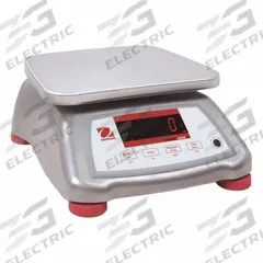 OHAUS Food Scale: 7 1/2 in Weighing Surface Dp, 9 1/2 in Weighing Surface Wd, 4 7/8 in Overall Ht (MPN V22XWE30T AM). Key specifications — Readability: 0.01 lb/5 g; Brand: OHAUS; IP Rating: IPX8.
