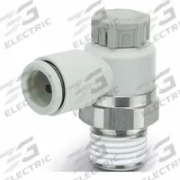 SMC Speed Control Valve: Elbow Fitting, Screw, 1/4 in/1/8 in Valve Body Size, Meter Out, Brass/PBT (MPN AS2201F-01-10S). Key specifications — attr947203: Brass/PBT; attr947205: SMC.