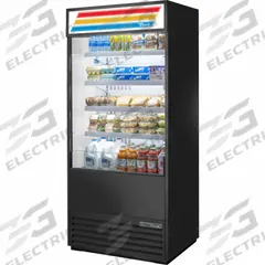 TRUE REFRIGERATION Refrigerated Merchandiser: 78 1/2 in x 36 in x 29 7/8 in, Black, 4 Shelves (MPN TOAM-36-HC~TSL01). Key specifications — attr1277723: TRUE REFRIGERATION; attr1277683: R-290; attr1277691: No; attr1277694: Black; attr1280716: Partial Glass Panel; attr1280729: TOAM.