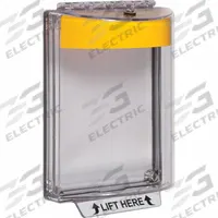 SAFETY TECHNOLOGY INTERNATIONAL Universal Stopper Cover: Polycarbonate, 2 11/16 in Overall Dp (MPN STI-13020NY). Key specifications — Manufacturer Part Number: STI-13020NY; Brand: SAFETY TECHNOLOGY INTERNATIONAL; Color: Clear; For Location: Indoor; For Use With: Emergency Buttons; IP Rating: IP56; Includes: Mounting Hardware; Legend: LIFT HERE.