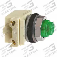 SCHNEIDER ELECTRIC Pilot Light: 30 mm Panel Mounting Size, Green, LED, 9001K Series (MPN 9001KP35LGG31). Key specifications — Series: 9001K; Brand: SCHNEIDER; Includes Push-To-Test: No Push-To-Test Included.