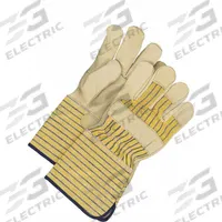 BDG Leather Gloves: L ( 9 ), Cowhide, Premium, Glove, Full Finger, Gauntlet Cuff, Unlined, 1 PR (MPN 40-1-281EY5U). Key specifications — Brand: BDG; Glove Back Color: Blue/Yellow; Glove Back Material: Cotton Canvas; Glove Liner Material: Unlined; Oil Resistant: No; Reflective Backing: No; Includes Double Palm: No; Palm Color: Beige.