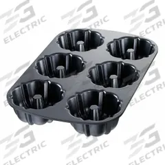 CHICAGO METALLIC Cake Pan: Aluminum, Non-Stick, 6 Slots, Solid, 8 15/16 in Overall Wd, 10 ga Gauge (MPN 50624). Key specifications — Bead Closure: Closed Bead; Coating: Non-Stick; Pan Style: Mini Bundt Cake Pan; Perforation: Solid; Brand: CHICAGO METALLIC; Color: Black; Material: Aluminum; NSF Certified: No.