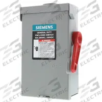 SIEMENS Safety Switch: Fusible, 30 A, Single Phase, 240V AC, Galvanized Steel, Indoor/Outdoor (MPN GF221NRA). Key specifications — Brand: SIEMENS.