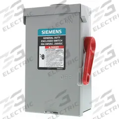 SIEMENS Safety Switch: Fusible, 30 A, Single Phase, 240V AC, Galvanized Steel, Indoor/Outdoor (MPN GF221NRA). Key specifications — Brand: SIEMENS.