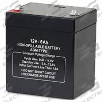 APPROVED VENDOR Sealed Lead Acid Battery: 12V DC, 5 Ah Capacity, 3.98 in Ht, 3.54 in Wd, 2.76 in Dp (MPN 2UKJ3). Key specifications — Terminal Connection: 0.187 in Faston; Battery Cycle Type: Deep Cycle; Brand: APPROVED VENDOR; Housing Material: ABS.