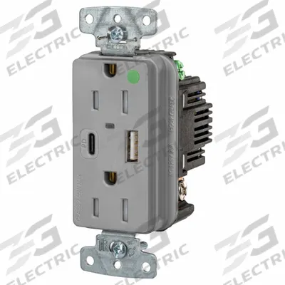 HUBBELL Receptacle: Duplex, 5-15R, 2 USB Ports, USB Type A/C, Gray, 125V AC - Hospital-Grade Receptacles with USB Chargers
