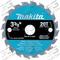 MAKITA Circular Saw Blade: 3 3/8 in Blade Dia., 20 Teeth, 0.04 in Cut Wd, 9/16 in Arbor Size (MPN A-95021). Key specifications — attr1116119: MAKITA; attr1145631: Wood.