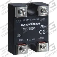 CRYDOM Solid State Relay: Surface Mounted, 10 A Max Output Current, Triac, AC Output (MPN CL240A10). Key specifications — Brand: CRYDOM; Current Type: AC; Electrical Connection: Screw Clamp; Finger Safe: No; Maximum Output Current without Heat Sink: 3.5 A; Mounting Style: Panel; Output Voltage: 24 to 280V AC; Switch Configuration: Form A.