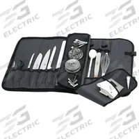 MERCER CUTLERY Knife Case: 17 pcs, 21 in Overall Lg, 2 in Overall Wd, 11 in Overall Ht, Black (MPN M30217M). Key specifications — Brand: MERCER CUTLERY; Holding Capacity: 17 pcs; Includes: Elastic and Mesh Pockets; Material: Polyester; Color: Black.