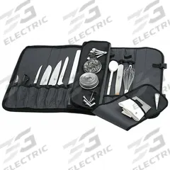 MERCER CUTLERY Knife Case: 17 pcs, 21 in Overall Lg, 2 in Overall Wd, 11 in Overall Ht, Black (MPN M30217M). Key specifications — Brand: MERCER CUTLERY; Holding Capacity: 17 pcs; Includes: Elastic and Mesh Pockets; Material: Polyester; Color: Black.
