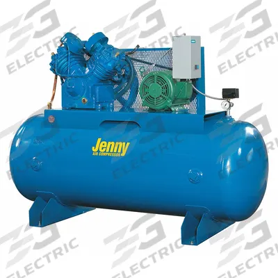 JENNY Electric Air Compressor: 7.5 hp, 2 Stage, Horizontal, 80 gal, 27.2 cfm - Splash Lubricated Stationary Electric Air Compressors