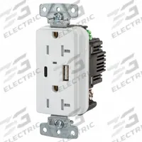 USB Receptacle: Duplex, 5-20R, 2 USB Ports, USB Type A/C, White, 125V AC, 20 A (MPN USB20ACPDW). Key specifications — Brand: HUBBELL.