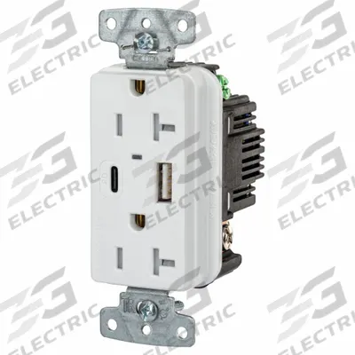 HUBBELL Receptacle: Duplex, 5-20R, 2 USB Ports, USB Type A/C, White, 125V AC - Weather-Resistant Receptacles with USB Chargers