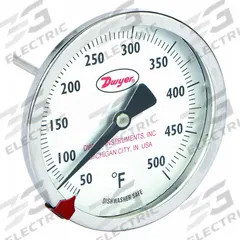 DWYER Clip On Dial Thermometer: 50°F to 500°F, +/- 2% Accuracy, 8 in Stem Lg, Fahrenheit (MPN CBT38071). Key specifications — Accuracy: +/- 2%; Brand: DWYER; Temperature Units: Fahrenheit.
