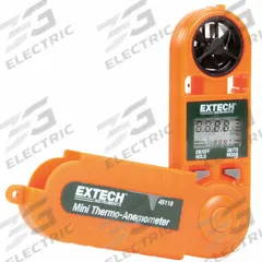 EXTECH Anemometer: 20 fpm Air Velocity Resolution, Rotating Vane, Air Velocity/Temp, Under 100 fpm (MPN 45118). Key specifications — Vane Material: Plastic; Data Logging: No; Manufacturer Part Number: 45118; Brand: EXTECH; Temperature Accuracy: +/-1.8°F; Digital Display Screen Type: LCD; Display Type: Digital; Includes: Lanyard.