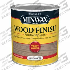 MINWAX Wood Stain: Wood Stain, Interior, Oil, 1 qt Container Size, Wood, Rustic Beige, Wood Finish (MPN 701004444). Key specifications — Brand: MINWAX; Transparency: Semi-Transparent; Use Location: Interior; Sub-Brand: Wood Finish; Color: Rustic Beige.