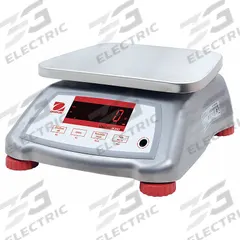 OHAUS Food Scale: 7 1/2 in Weighing Surface Dp, 9 1/2 in Weighing Surface Wd, 4 7/8 in Overall Ht (MPN V22XWE1501T). Key specifications — Readability: 0.0005 lb/0.2 g; Brand: OHAUS; IP Rating: IPX8.