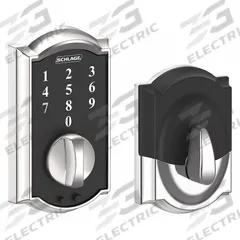 SCHLAGE RESIDENTIAL Electronic Keyless Lock: 1 3/4 in Door Thick - Max, Push Button, Chrome (MPN BE375 CAM 625). Key specifications — Power Source: 9V Battery.