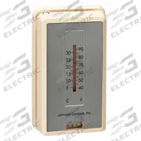 JOHNSON CONTROLS Pneumatic Thermostat: 12° to 28°C, 1 Pipe, Low Volume Pipes/Air Flow Output, Direct (MPN T-4100-3). Key specifications — Temperature Control Range: 12° to 28°C; Number of Pipes/Air Flow Output: 1 Pipe, Low Volume; Thermostat Action: Direct; Mounting Direction/Includes Cover: Vertical, Yes; Brand: JOHNSON CONTROLS.