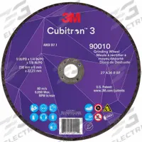3M CUBITRON 3 Depressed Center Grinding Wheel: Type 27, 9" x 1/4" x 7/8", Ceramic, 36 Grit (MPN 90010). Key specifications — Brand: 3M CUBITRON 3.