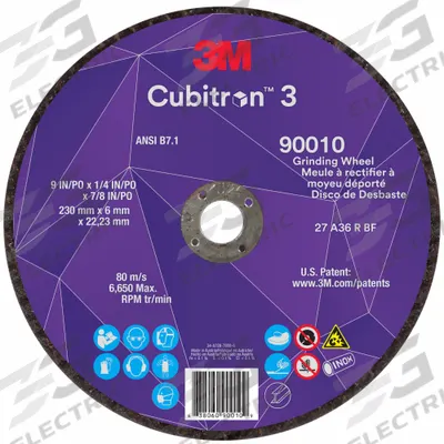 3M CUBITRON 3 Depressed Center Grinding Wheel: Type 27, 9" x 1/4" x 7/8" - Cool-Cutting Grinding Wheels for Carbon & Stainless Steel