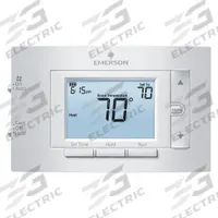 EMERSON Low Voltage Thermostat: Heat and Cool, Manual, C/G/O/B/RC/RH/W/Terminal Designations (MPN 1F83C-11PR). Key specifications — Application: Heat and Cool; Stages: 1H/1C Conventional, 1H/1C Heat Pump; Programming Capability: 5-2; Shape: Rectangle; Terminal Designations: Y; Temperature Control Range: 45° to 99°F; Changeover Type: Manual; Brand: EMERSON.