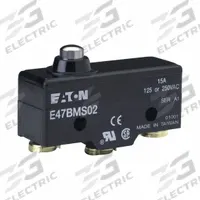 EATON Snap Action Switch: Plunger Actuator, SPDT, Screw Terminals (MPN E47BMS02). Key specifications — AC Contact Rating: 15 A @ 250 V; Electrical Connection: Screw Terminals; Series: E47; Brand: EATON.