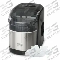 BLACK & DECKER Ice Machine: Top Hat, 26 lb Ice per Day, Air Cooled, 13 in Ht, 9 1/2 in Wd (MPN BIMH326S). Key specifications — Voltage: 120V AC; Energy Star Compliant: No; Includes: Ice Scoop; Control Type: Push Button.