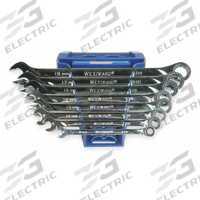 WESTWARD Combination Wrench Set: Alloy Steel, Chrome, 8 Tools - Metric 12-Point Ratcheting Combination Wrench Sets