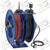 COXREELS Dual Reel Spring Return Hose Reel: 50 ft (3/8 in I.D.), 3/8 in MNPT x 3/8 in MNPT (MPN C-L350-5012-F). Key specifications — Includes: Hose; Hose Capacity: 50 ft (3/8 in I.D.); Hose End Configuration: 3/8 in MNPT x 3/8 in MNPT; Feeder Cord Ending Configuration: NEMA 5-20P.