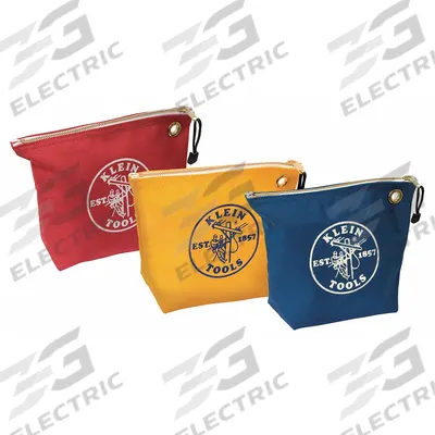 KLEIN TOOLS Tool Bag Set: 10 in W x 3 1/2 in D x 8 in H, Blue/Red/Yellow, Canvas - Canvas Flat Zippered Tool Bag Sets